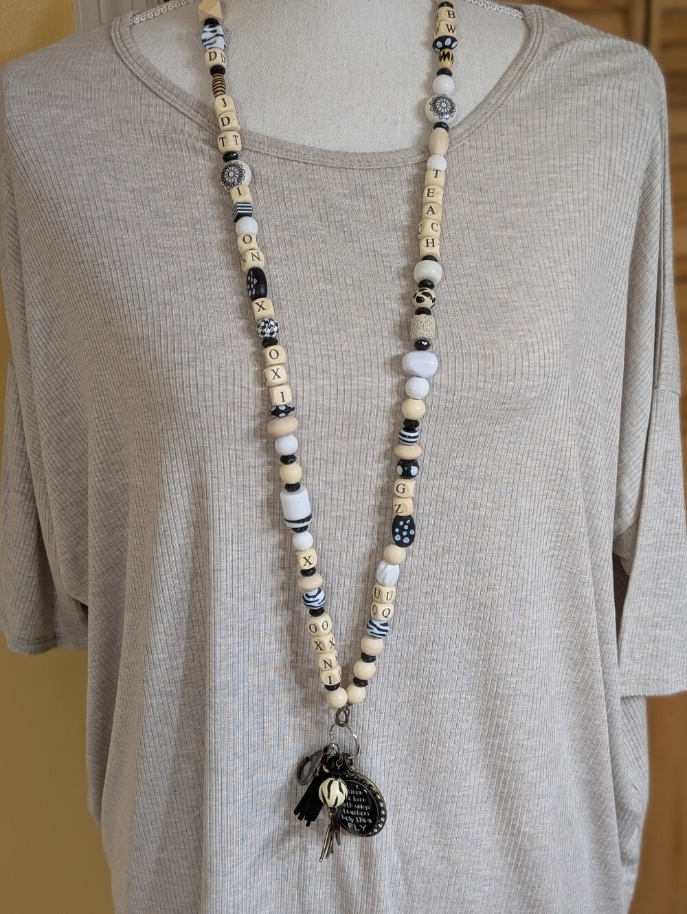 Plunder Teacher Beaded Black & Cream Alphabet Lanyard w/Tassel and Charms NWOT